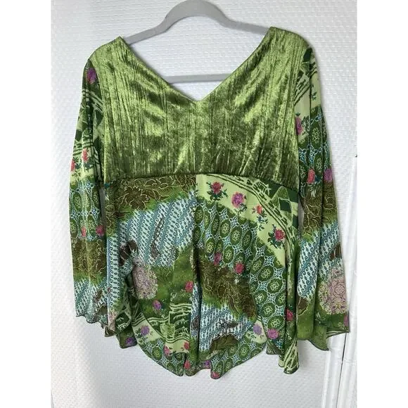 Dress Barn XL Fairycore Boho Y2K Green Velvet Patchwork Blouse Cottagecore Top - Picture 9 of 16